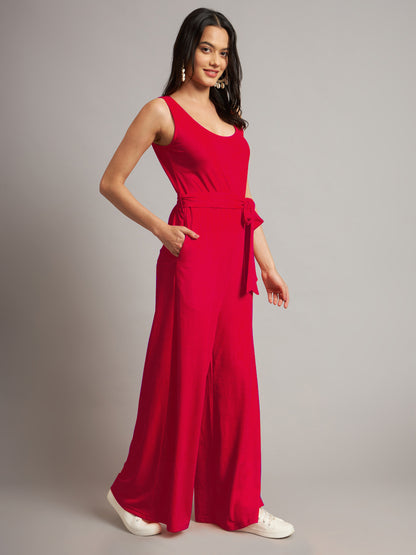 BRINNS Women Cotton Solid Round Neck Sleeveless Jumpsuit With Waist Tie-Ups