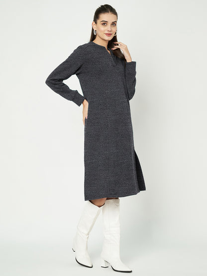 A-Line Dress with V-Neck Split Mandarin Collar