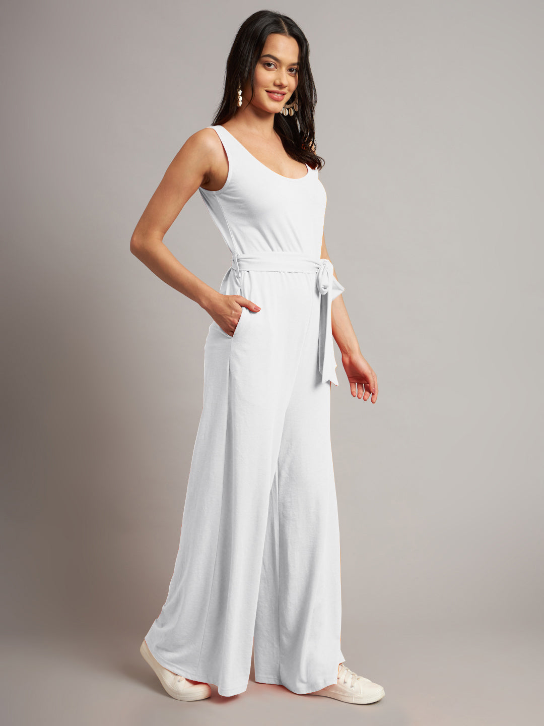 BRINNS Women Cotton Solid Round Neck Sleeveless Jumpsuit With Waist Tie-Ups
