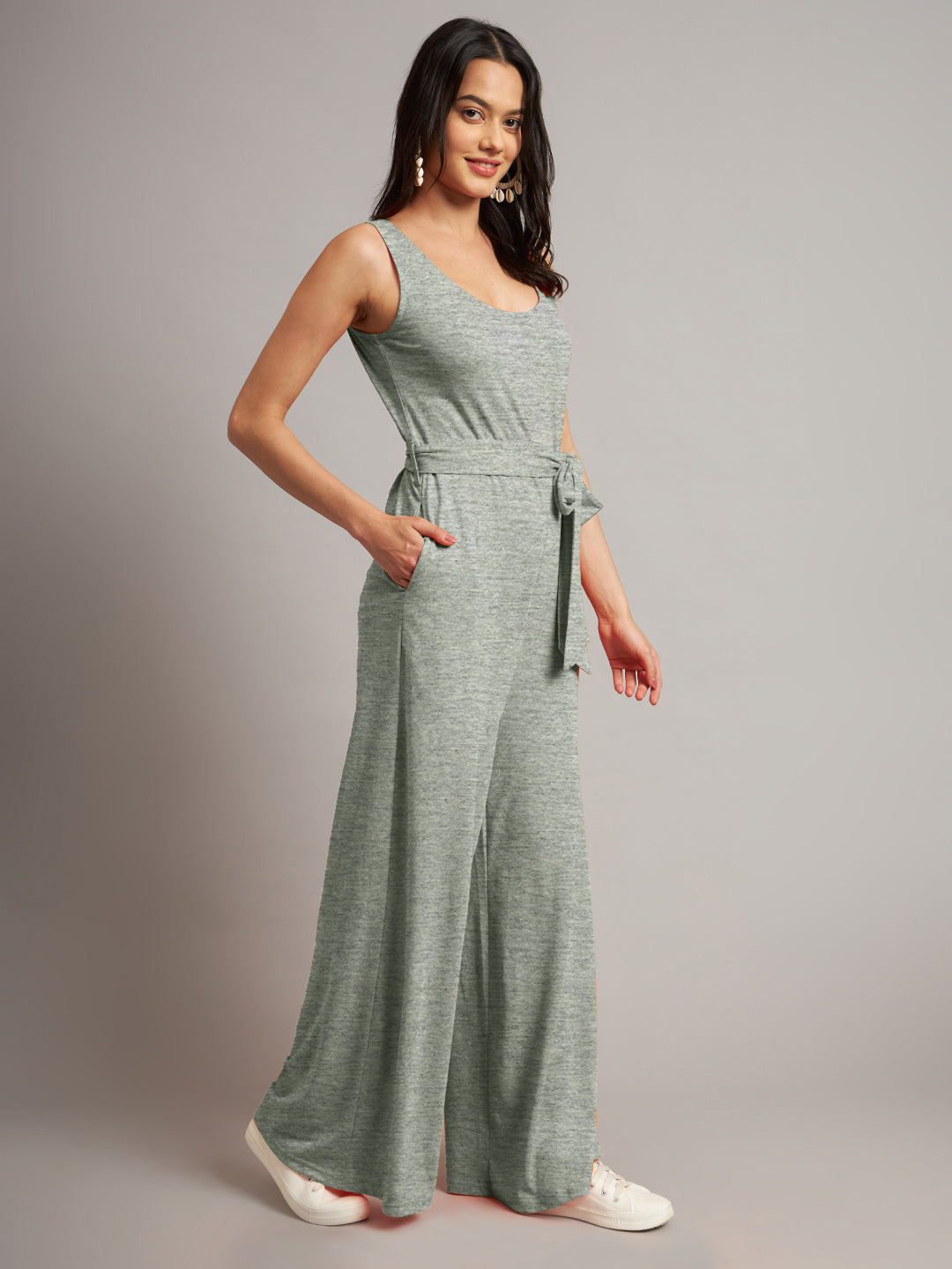 BRINNS Women Cotton Solid Round Neck Sleeveless Jumpsuit With Waist Tie-Ups