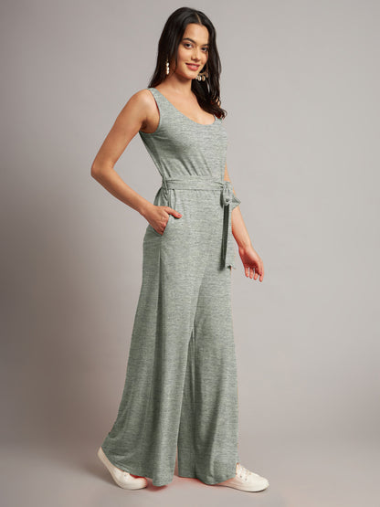 BRINNS Women Cotton Solid Round Neck Sleeveless Jumpsuit With Waist Tie-Ups
