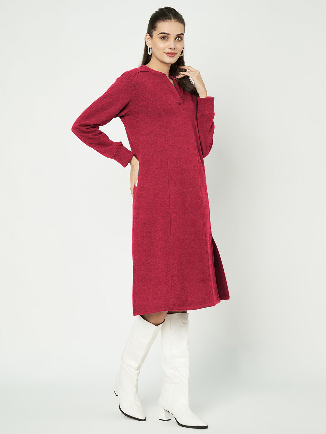 A-Line Dress with V-Neck Split Mandarin Collar