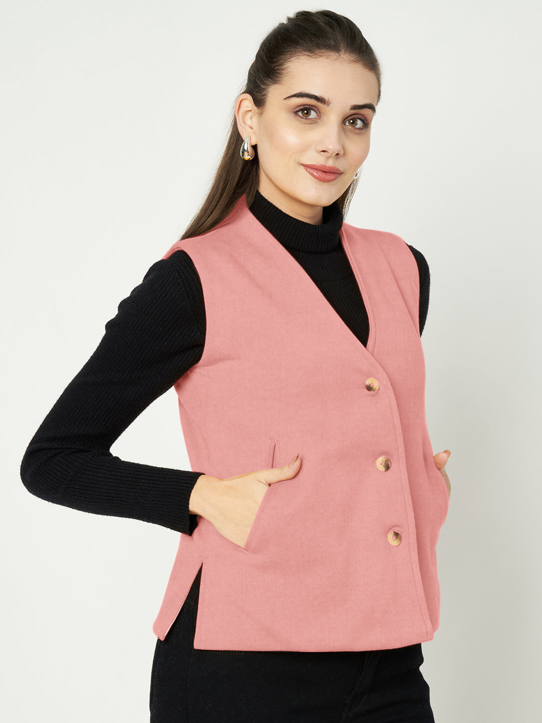 V-Neck Casual Polycotton Fleece Waistcoat with Pockets