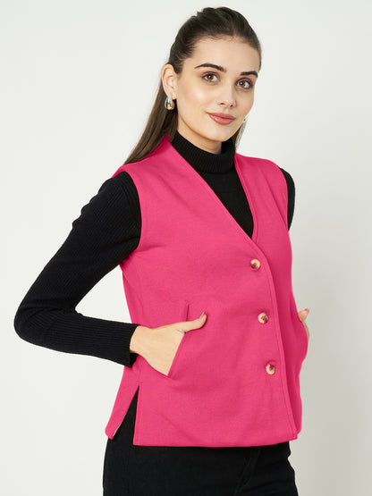 V-Neck Casual Polycotton Fleece Waistcoat with Pockets