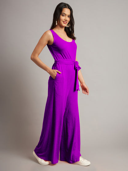 BRINNS Women Cotton Solid Round Neck Sleeveless Jumpsuit With Waist Tie-Ups