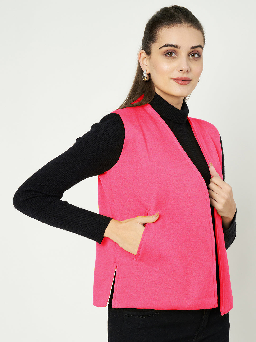 Solid Open-Front V-Neck Casual Waistcoat