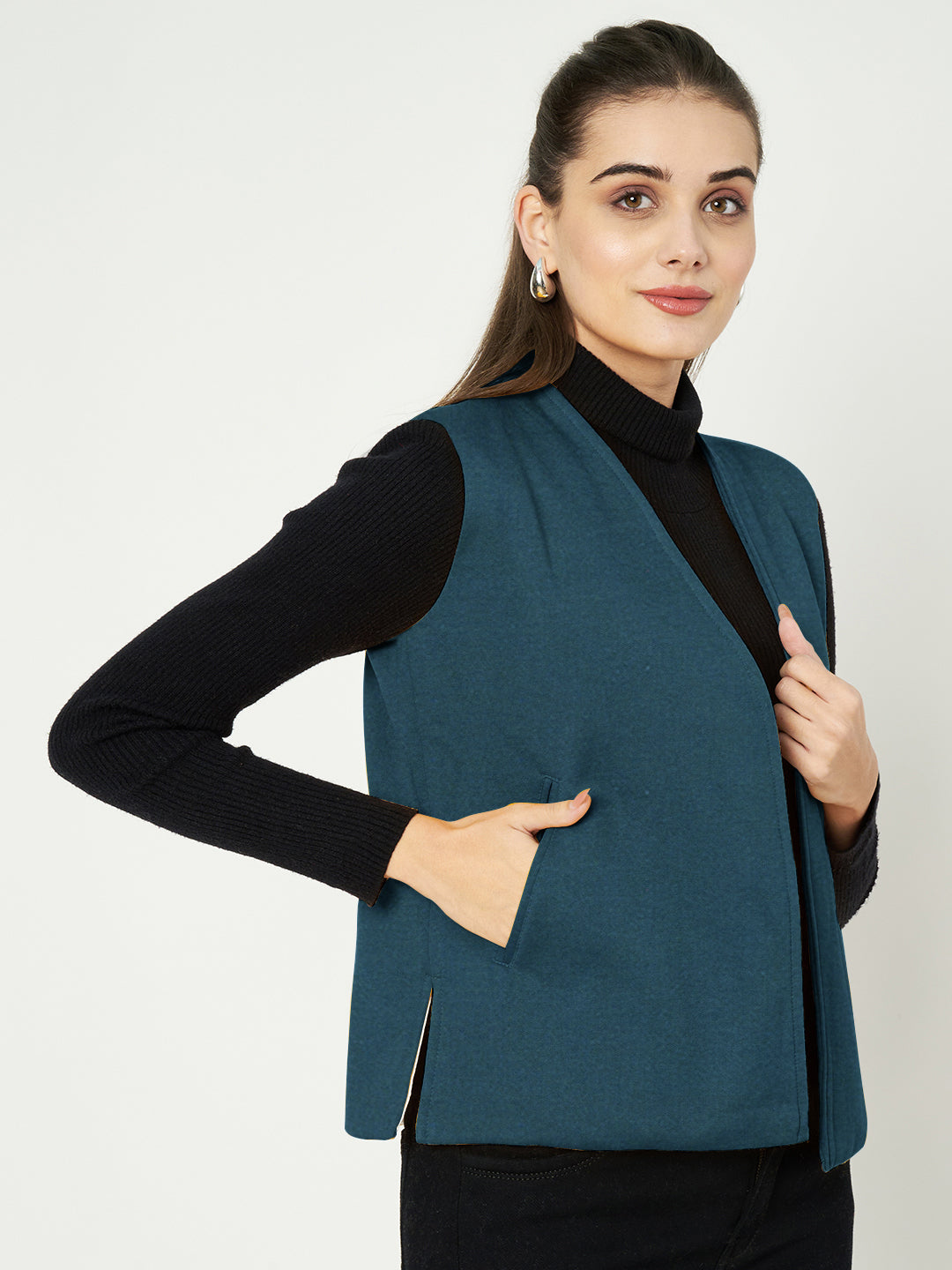 Solid Open-Front V-Neck Casual Waistcoat