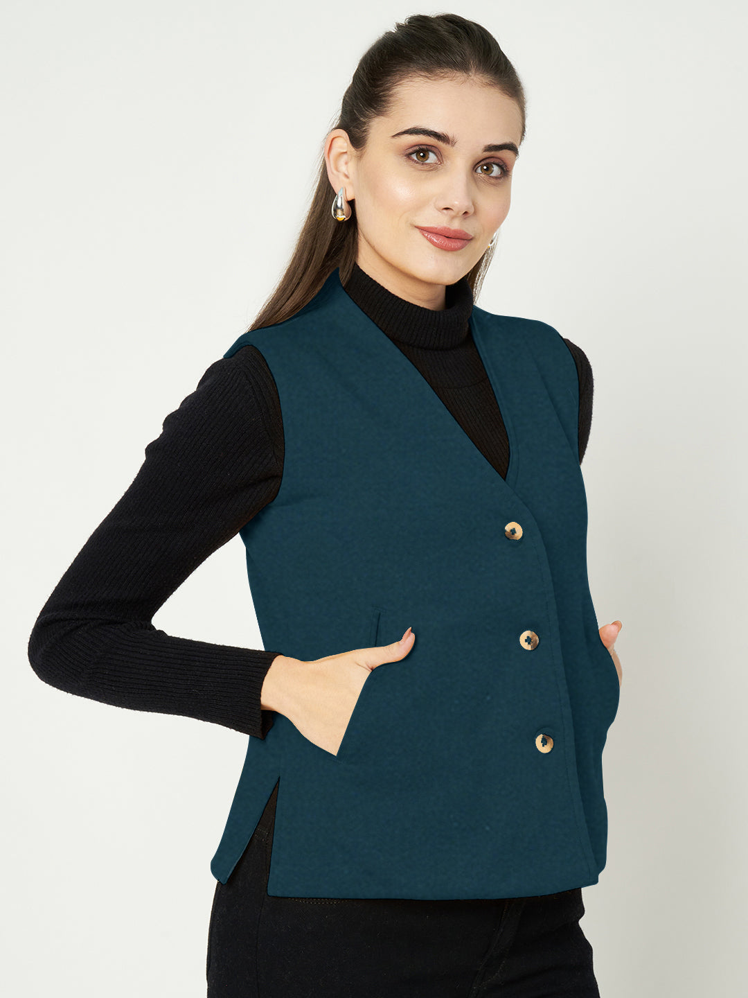 V-Neck Casual Polycotton Fleece Waistcoat with Pockets
