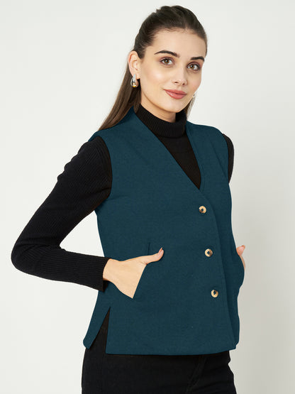 V-Neck Casual Polycotton Fleece Waistcoat with Pockets