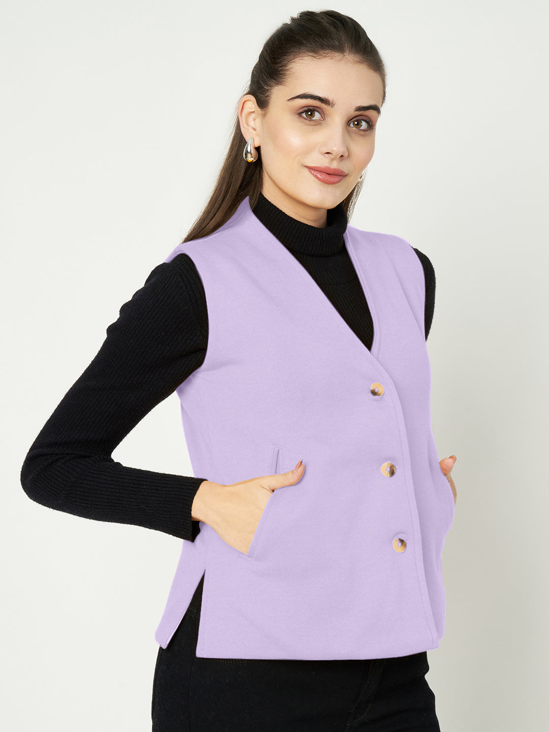 V-Neck Casual Polycotton Fleece Waistcoat with Pockets