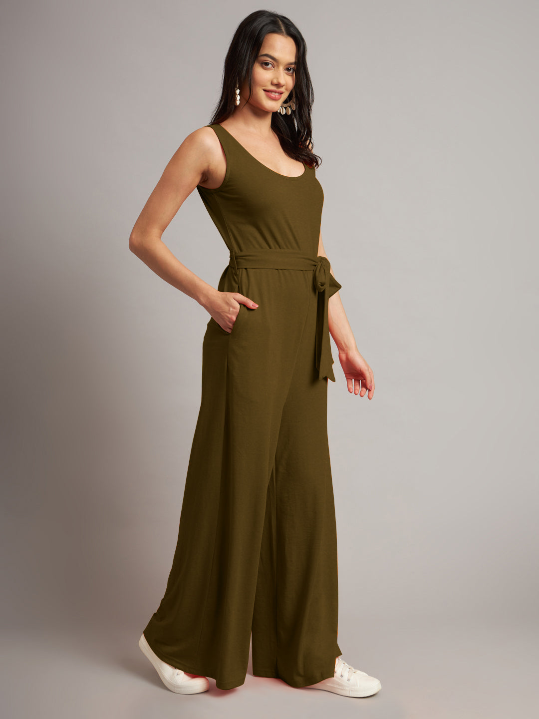 BRINNS Women Cotton Solid Round Neck Sleeveless Jumpsuit With Waist Tie-Ups