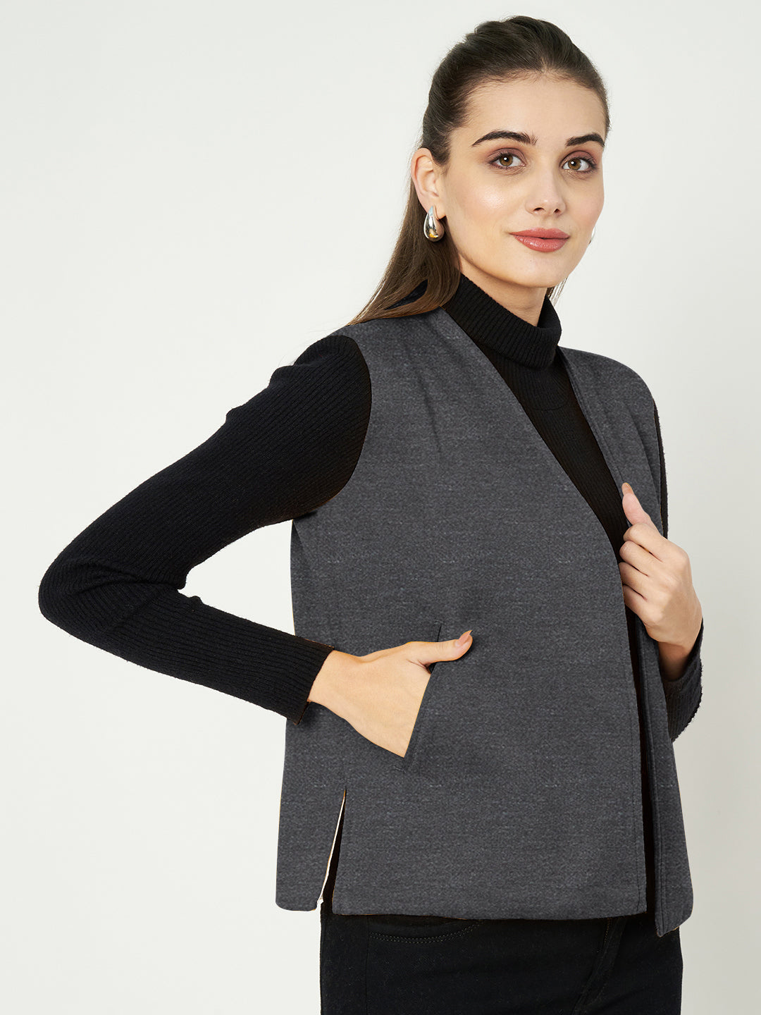 Solid Open-Front V-Neck Casual Waistcoat