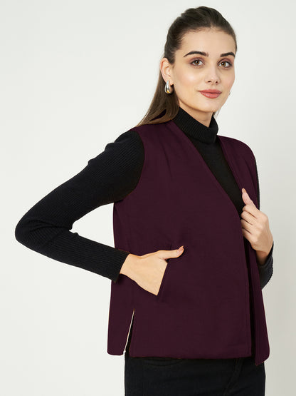 Solid Open-Front V-Neck Casual Waistcoat