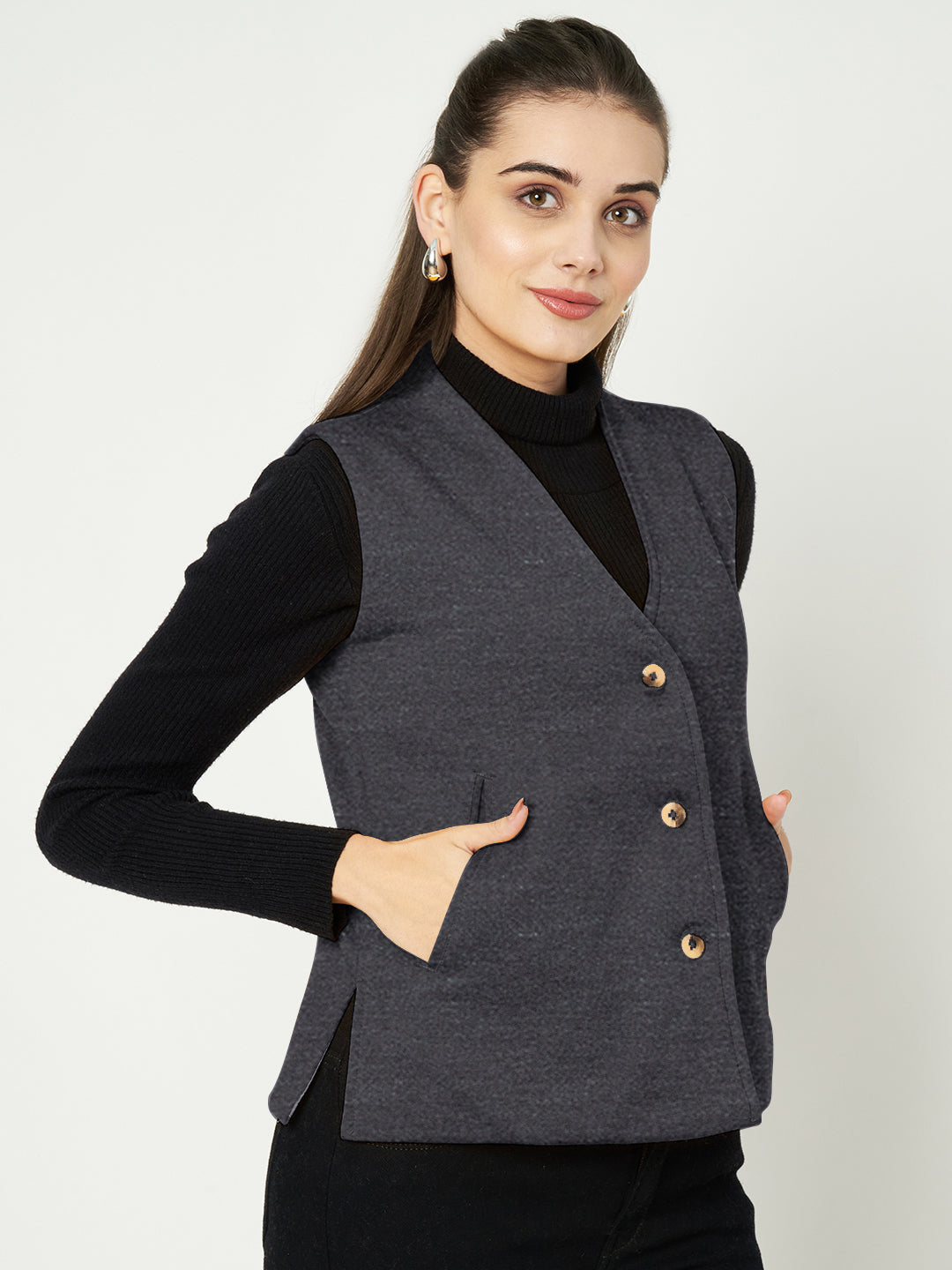V-Neck Casual Polycotton Fleece Waistcoat with Pockets