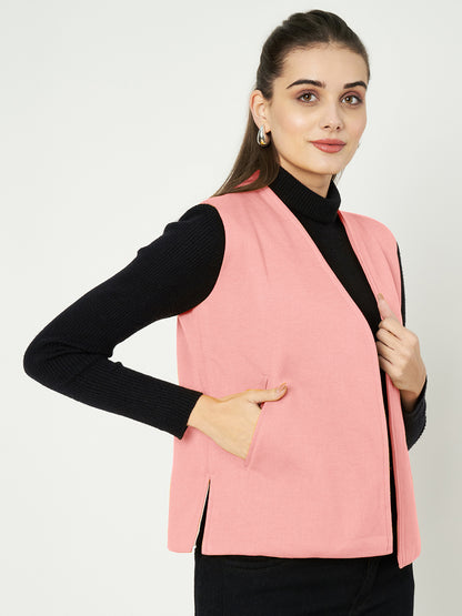 Solid Open-Front V-Neck Casual Waistcoat