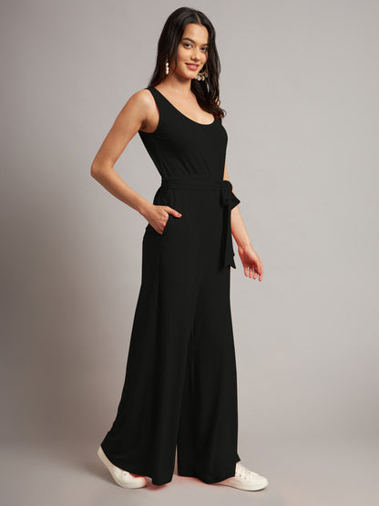 BRINNS Women Cotton Solid Round Neck Sleeveless Jumpsuit With Waist Tie-Ups