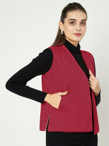 Solid Open-Front V-Neck Casual Waistcoat
