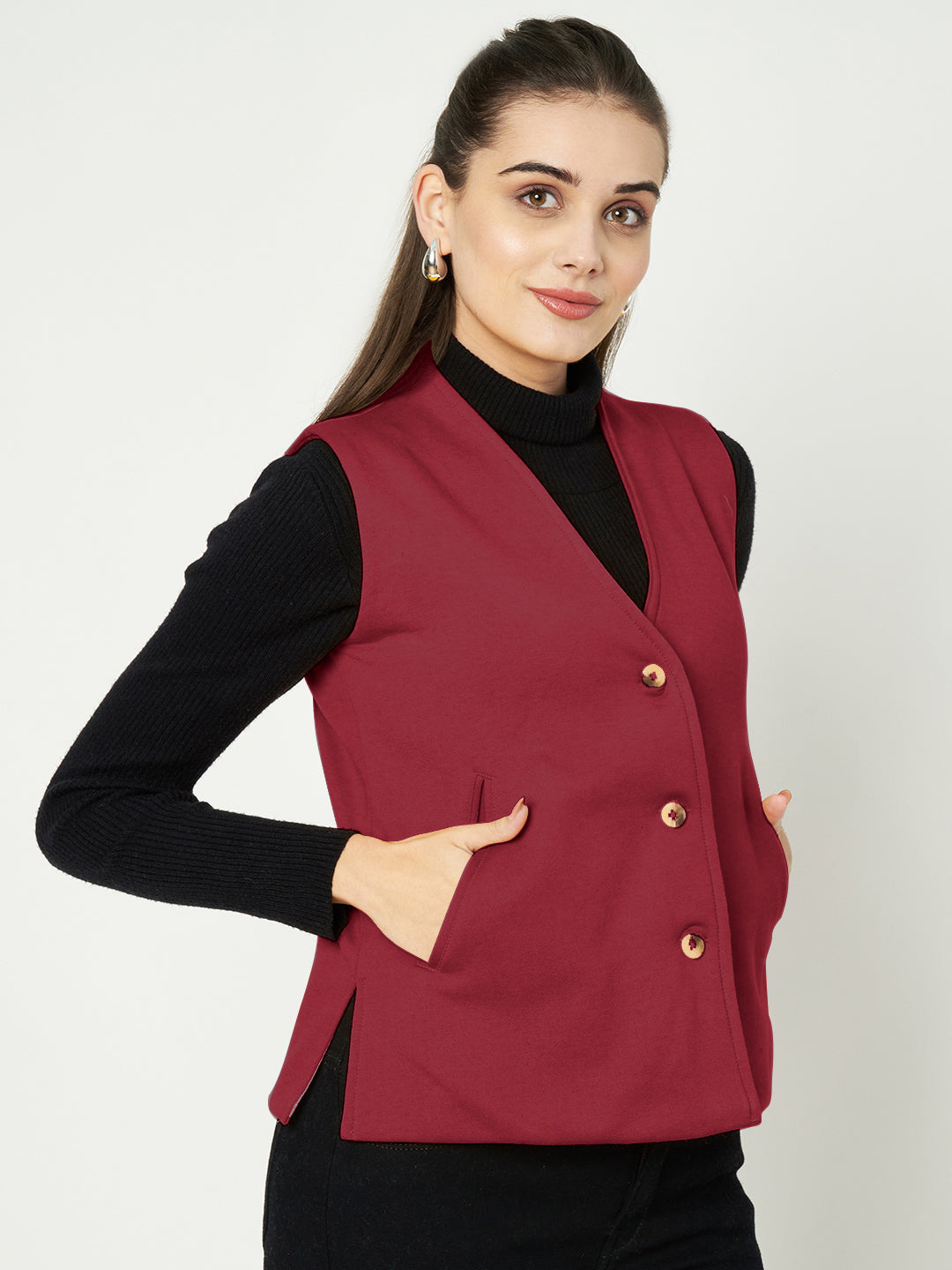 V-Neck Casual Polycotton Fleece Waistcoat with Pockets