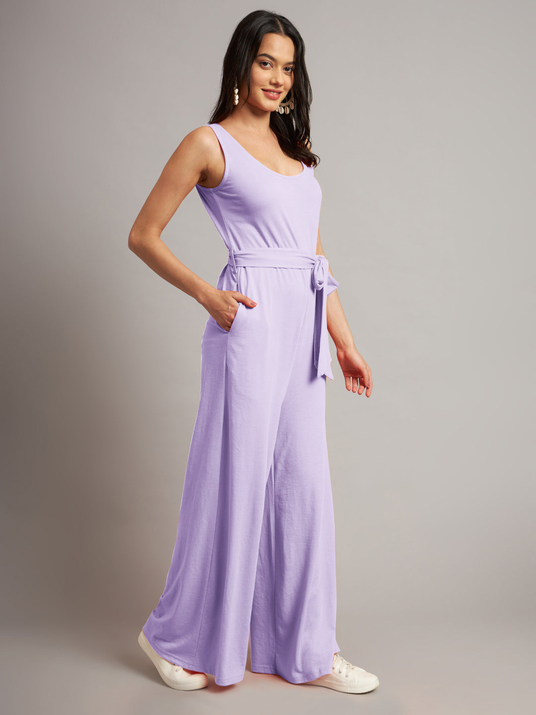 BRINNS Women Cotton Solid Round Neck Sleeveless Jumpsuit With Waist Tie-Ups