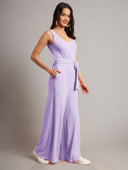 BRINNS Women Cotton Solid Round Neck Sleeveless Jumpsuit With Waist Tie-Ups