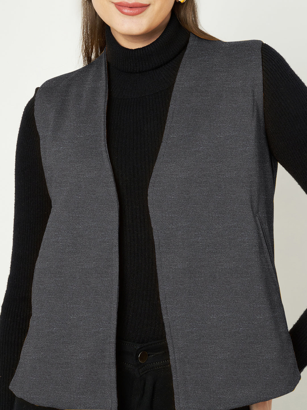 Solid Open-Front V-Neck Casual Waistcoat