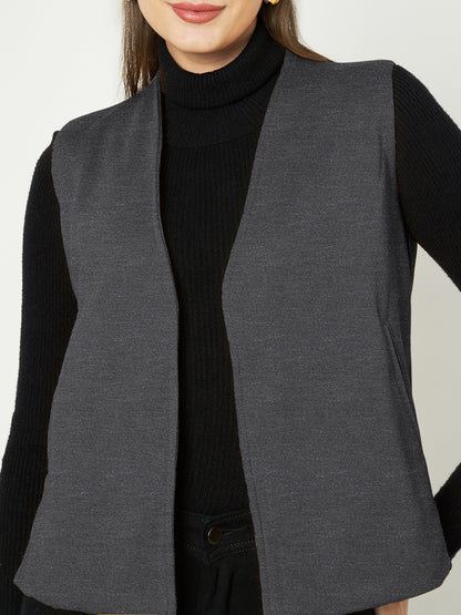 Solid Open-Front V-Neck Casual Waistcoat