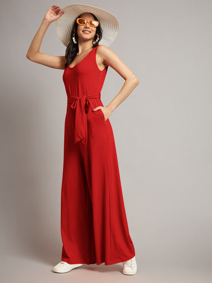 BRINNS Women Cotton Solid Round Neck Sleeveless Jumpsuit With Waist Tie-Ups