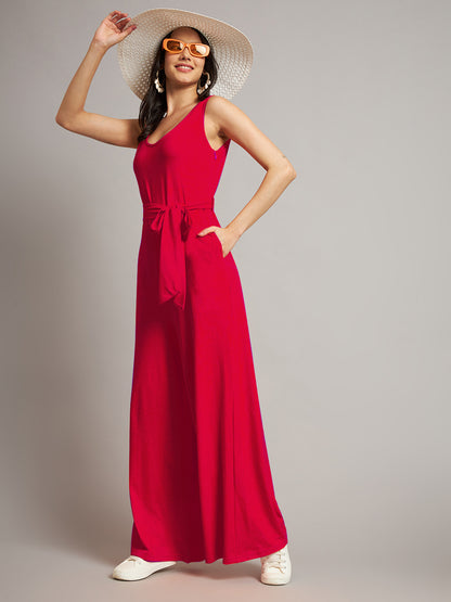 BRINNS Women Cotton Solid Round Neck Sleeveless Jumpsuit With Waist Tie-Ups