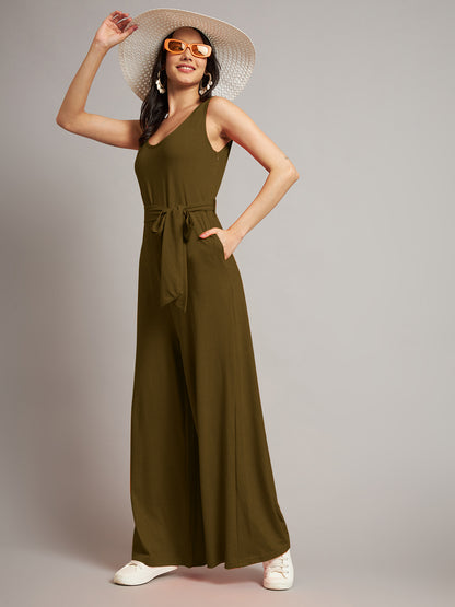 BRINNS Women Cotton Solid Round Neck Sleeveless Jumpsuit With Waist Tie-Ups