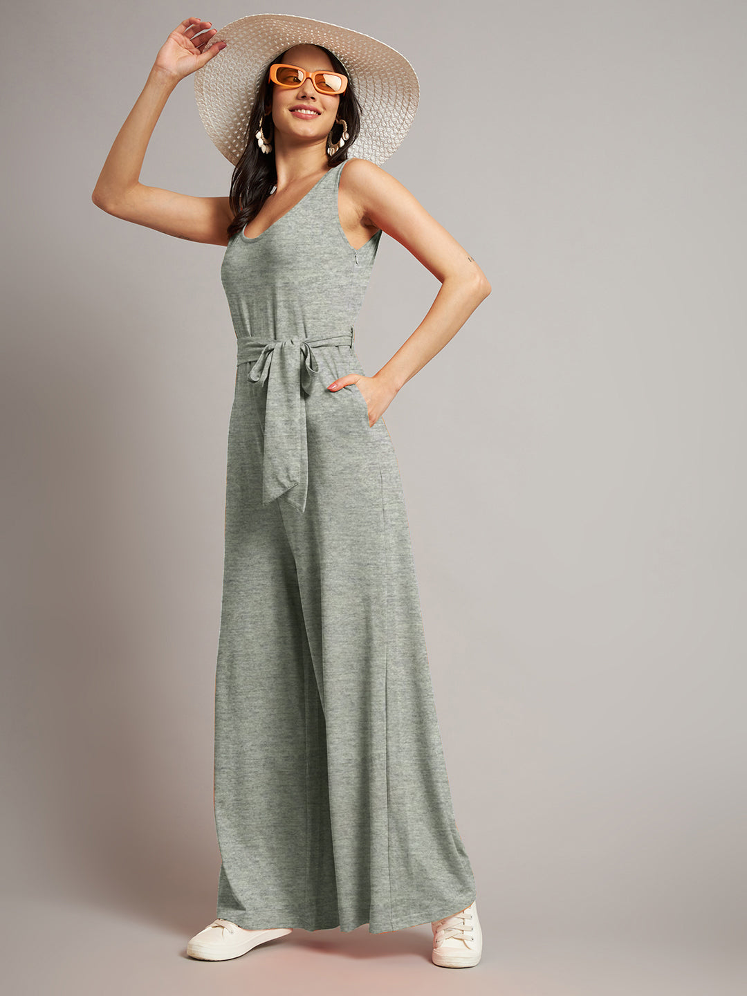 BRINNS Women Cotton Solid Round Neck Sleeveless Jumpsuit With Waist Tie-Ups