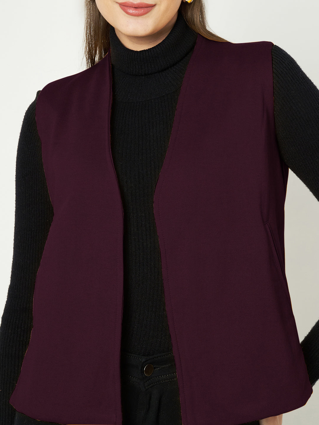 Solid Open-Front V-Neck Casual Waistcoat