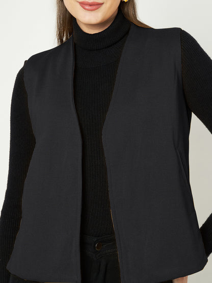 Solid Open-Front V-Neck Casual Waistcoat