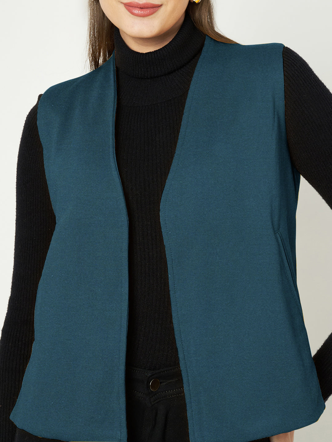 Solid Open-Front V-Neck Casual Waistcoat