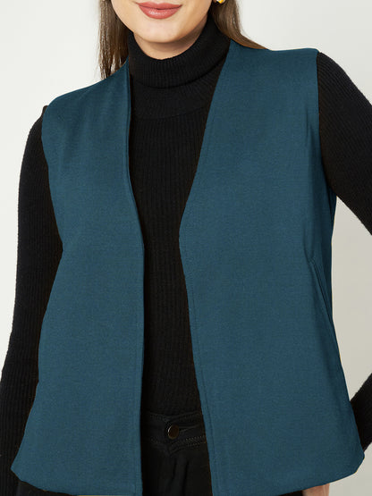 Solid Open-Front V-Neck Casual Waistcoat