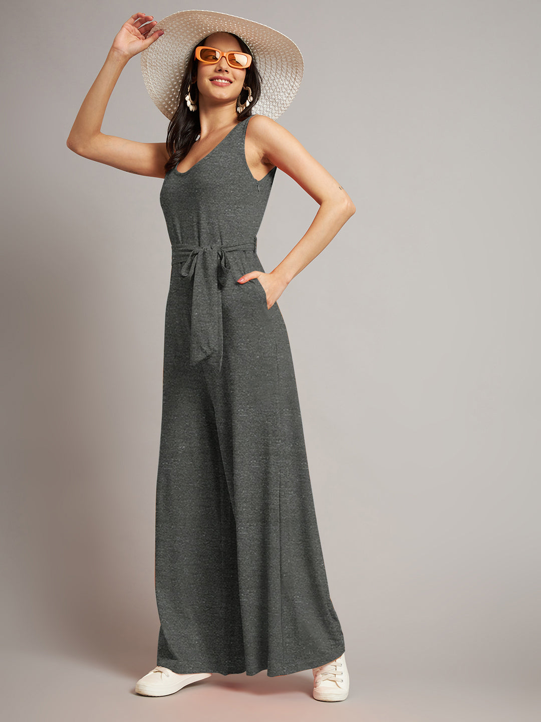 BRINNS Women Cotton Solid Round Neck Sleeveless Jumpsuit With Waist Tie-Ups