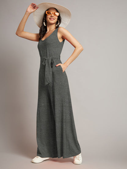 BRINNS Women Cotton Solid Round Neck Sleeveless Jumpsuit With Waist Tie-Ups