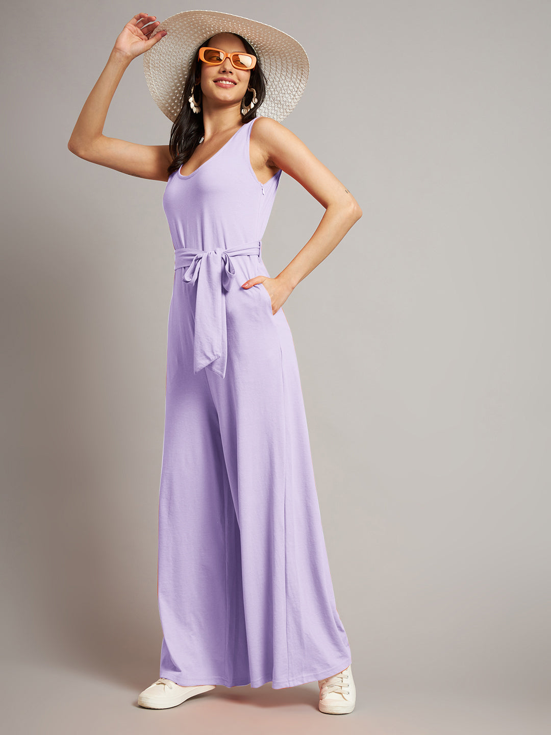 BRINNS Women Cotton Solid Round Neck Sleeveless Jumpsuit With Waist Tie-Ups