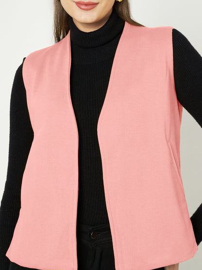 Solid Open-Front V-Neck Casual Waistcoat