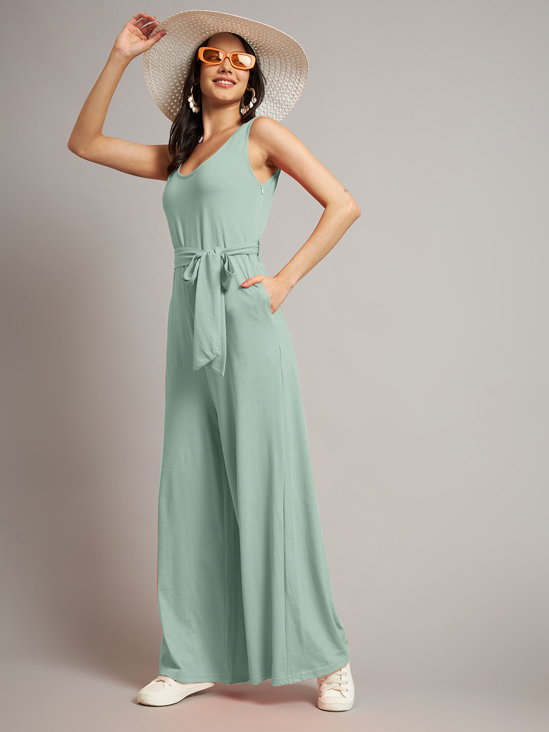 BRINNS Women Cotton Solid Round Neck Sleeveless Jumpsuit With Waist Tie-Ups