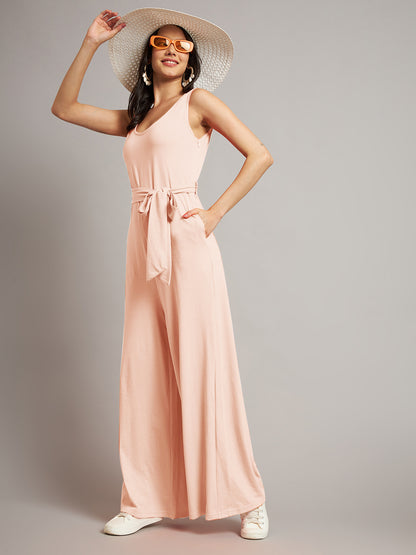 BRINNS Women Cotton Solid Round Neck Sleeveless Jumpsuit With Waist Tie-Ups