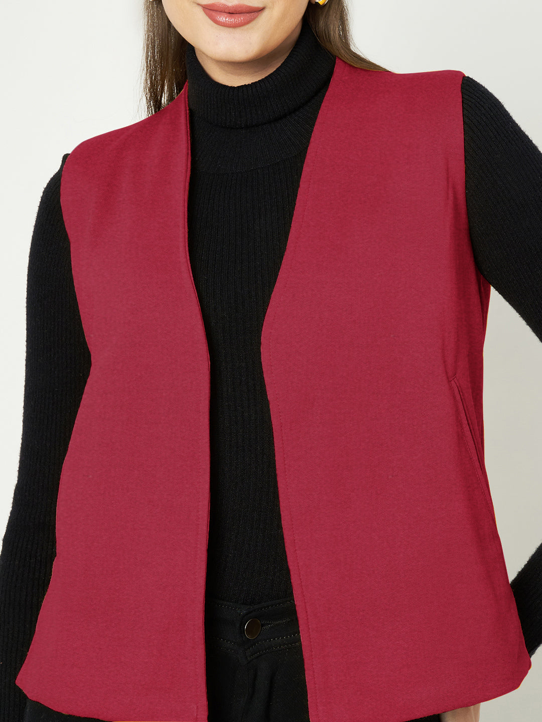 Solid Open-Front V-Neck Casual Waistcoat