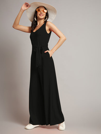 BRINNS Women Cotton Solid Round Neck Sleeveless Jumpsuit With Waist Tie-Ups