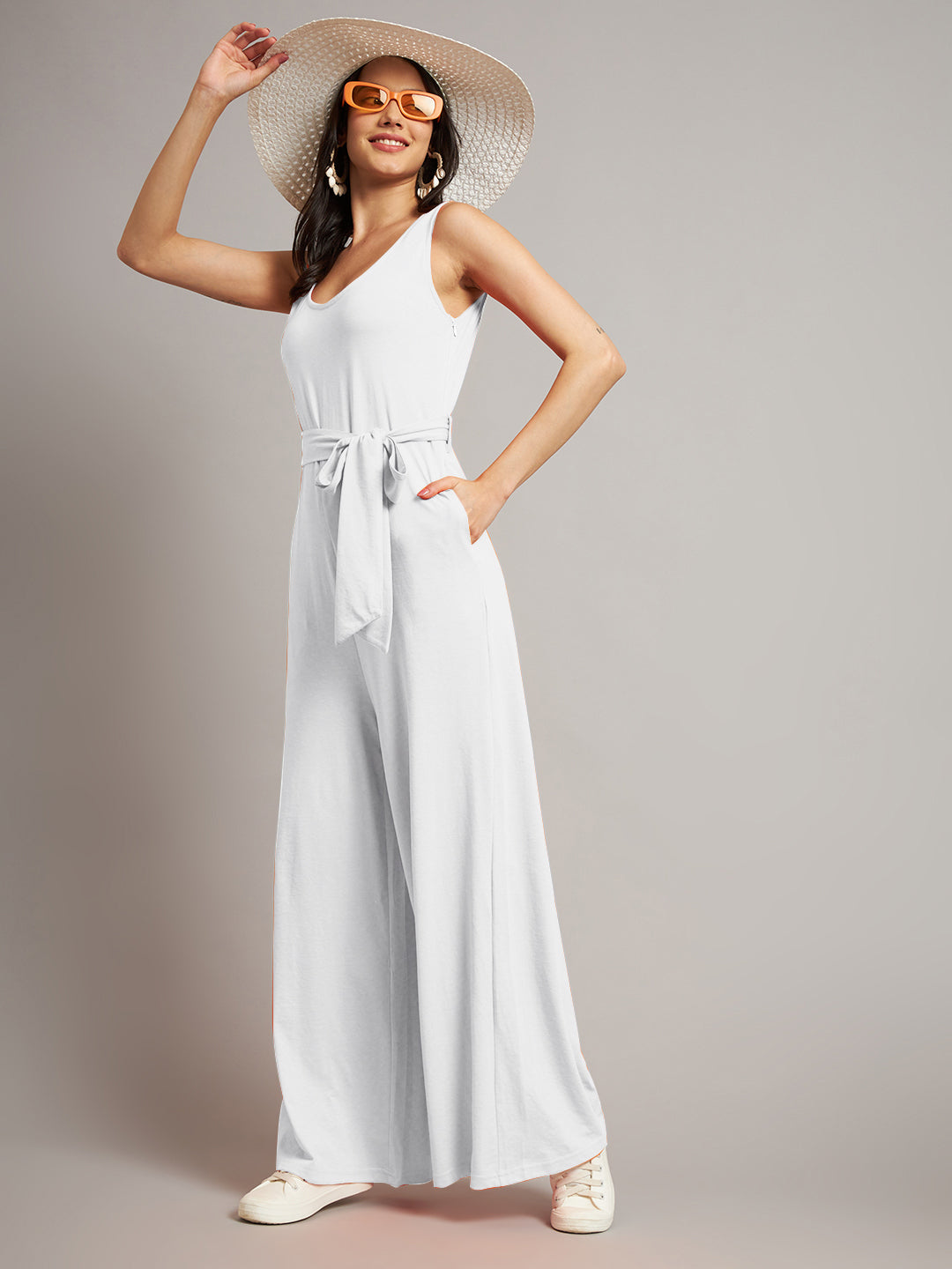 BRINNS Women Cotton Solid Round Neck Sleeveless Jumpsuit With Waist Tie-Ups