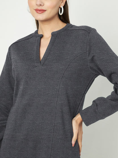 A-Line Dress with V-Neck Split Mandarin Collar