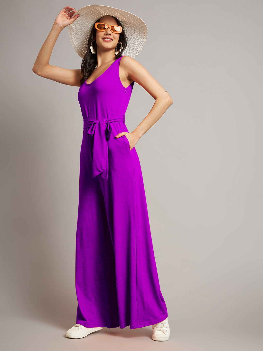 BRINNS Women Cotton Solid Round Neck Sleeveless Jumpsuit With Waist Tie-Ups