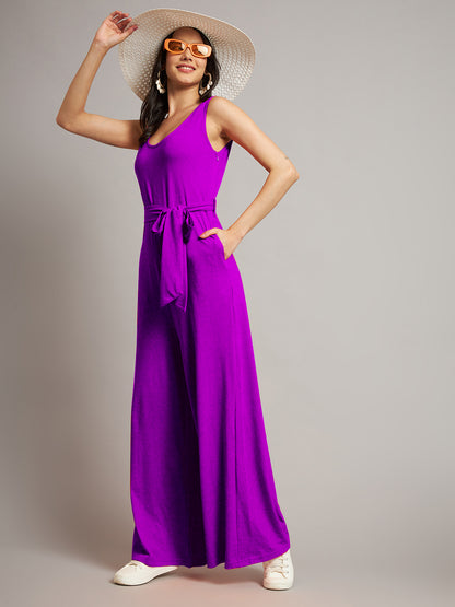 BRINNS Women Cotton Solid Round Neck Sleeveless Jumpsuit With Waist Tie-Ups