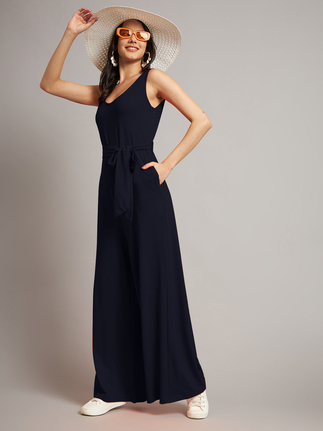 BRINNS Women Cotton Solid Round Neck Sleeveless Jumpsuit With Waist Tie-Ups