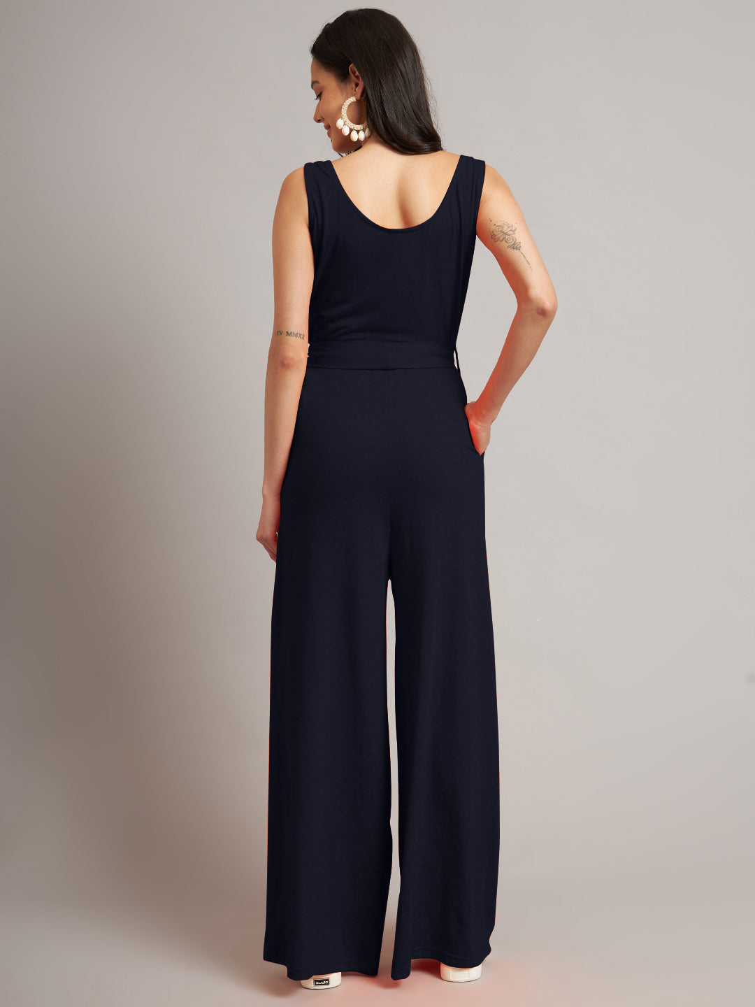 BRINNS Women Cotton Solid Round Neck Sleeveless Jumpsuit With Waist Tie-Ups