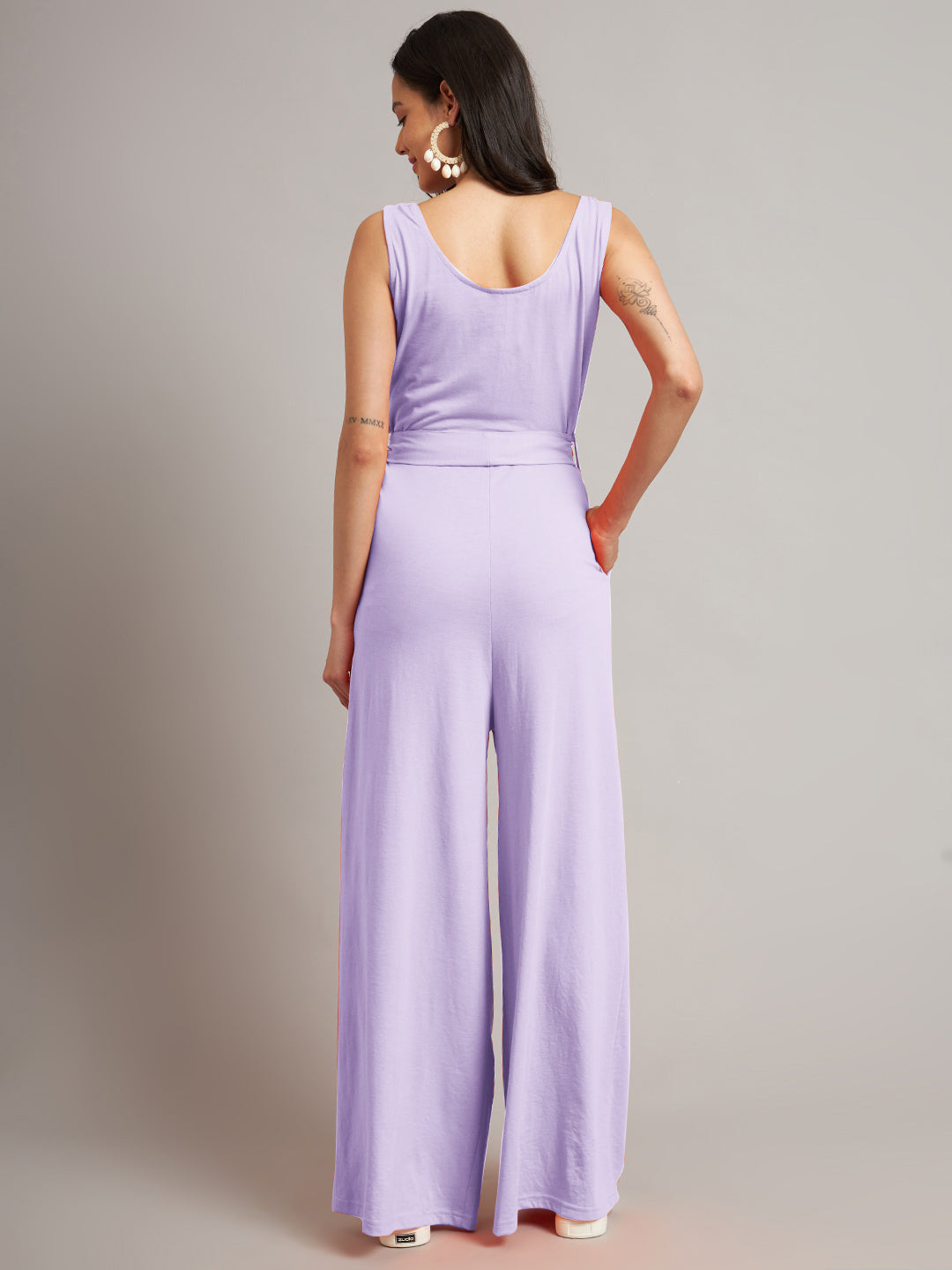 BRINNS Women Cotton Solid Round Neck Sleeveless Jumpsuit With Waist Tie-Ups