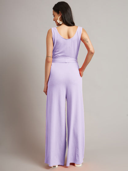 BRINNS Women Cotton Solid Round Neck Sleeveless Jumpsuit With Waist Tie-Ups